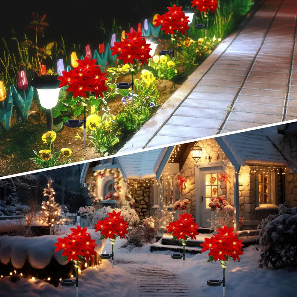 Donnez vie à votre jardin pour Noël ! Lampe solaire artificielle en forme de poinsettia de Noël - (étanche, pour le jardin, décoration de Noël)