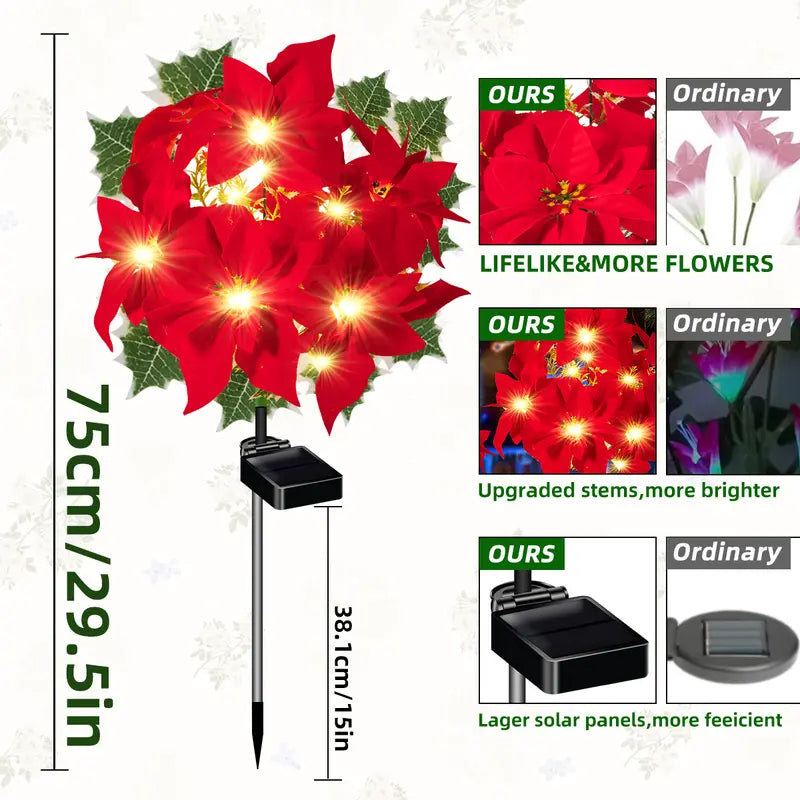 Donnez vie à votre jardin pour Noël ! Lampe solaire artificielle en forme de poinsettia de Noël - (étanche, pour le jardin, décoration de Noël)